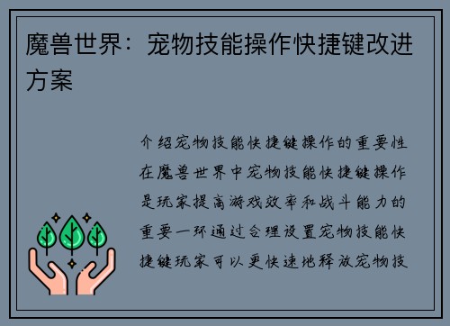 魔兽世界：宠物技能操作快捷键改进方案