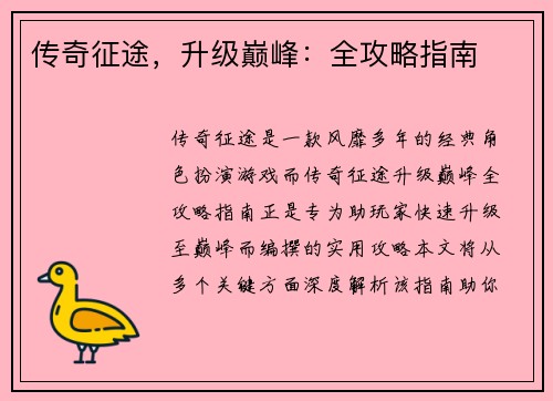 传奇征途，升级巅峰：全攻略指南