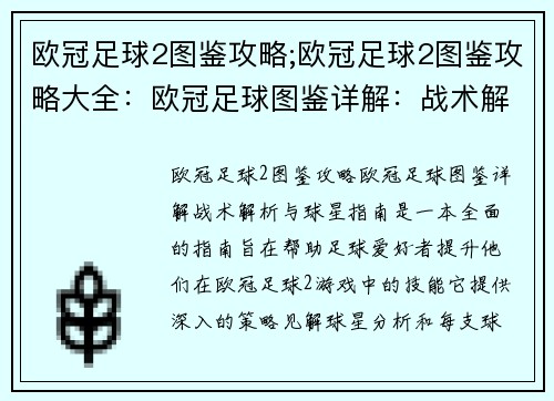 欧冠足球2图鉴攻略;欧冠足球2图鉴攻略大全：欧冠足球图鉴详解：战术解析与球星指南